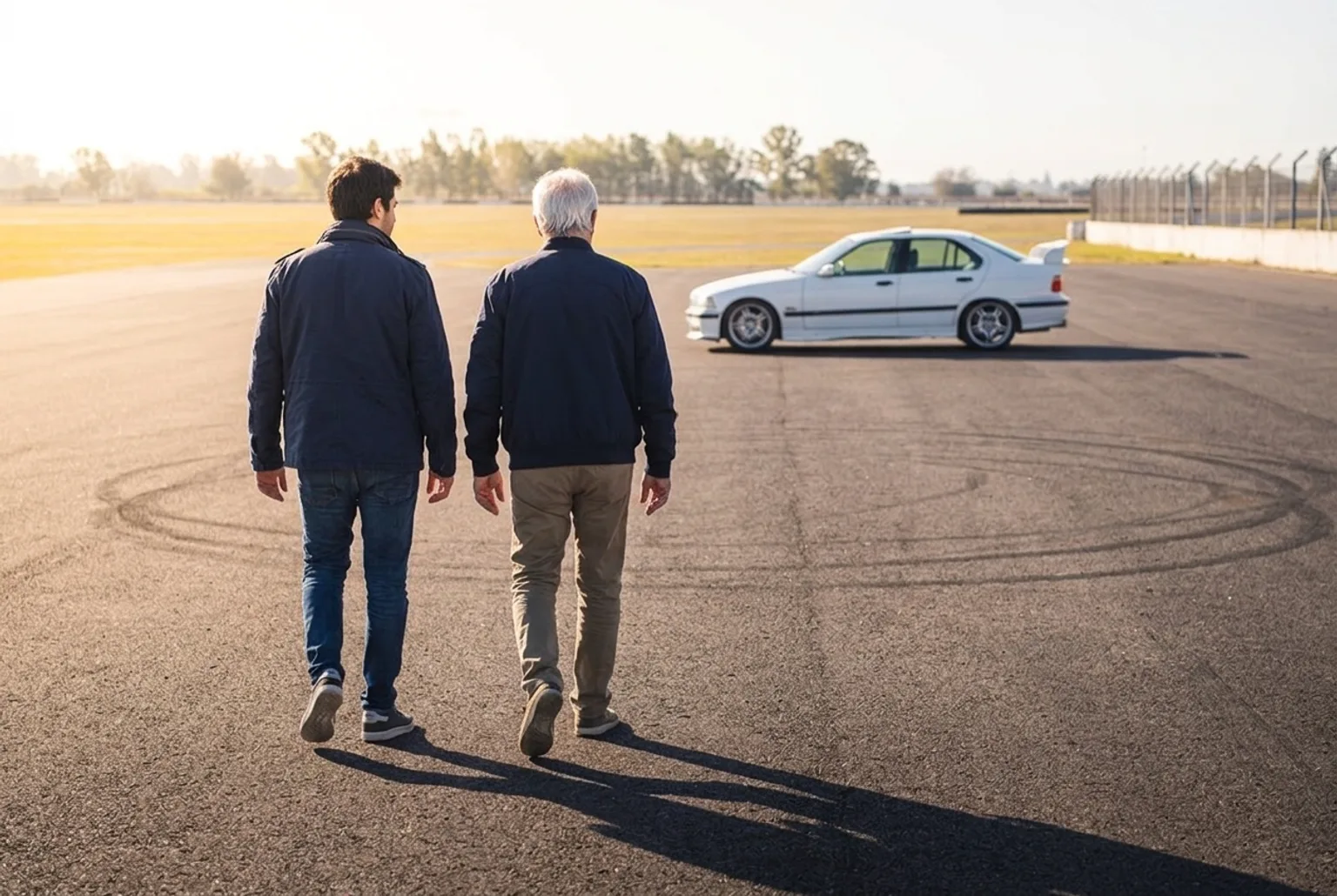 Padre canoso e hijo adulto caminando de espaldas por el paddock del autodromo hacia el BMW E36 blanco estacionado al fondo, con luz dorada de la manana