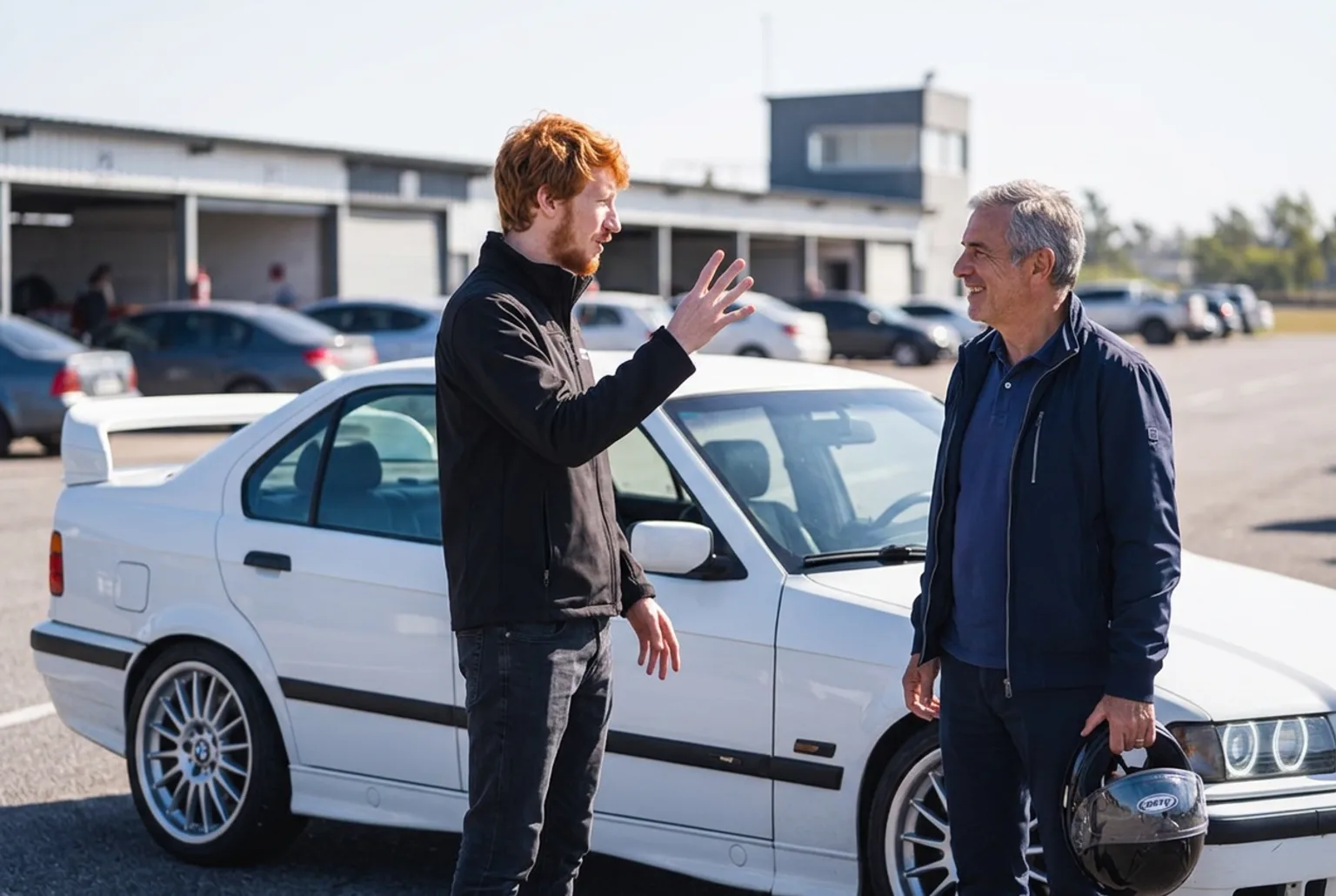 Instructor pelirrojo de campera negra explicando la clase con una mano a un senor canoso de campera azul que escucha sonriendo con el casco en la mano, junto al BMW E36 blanco