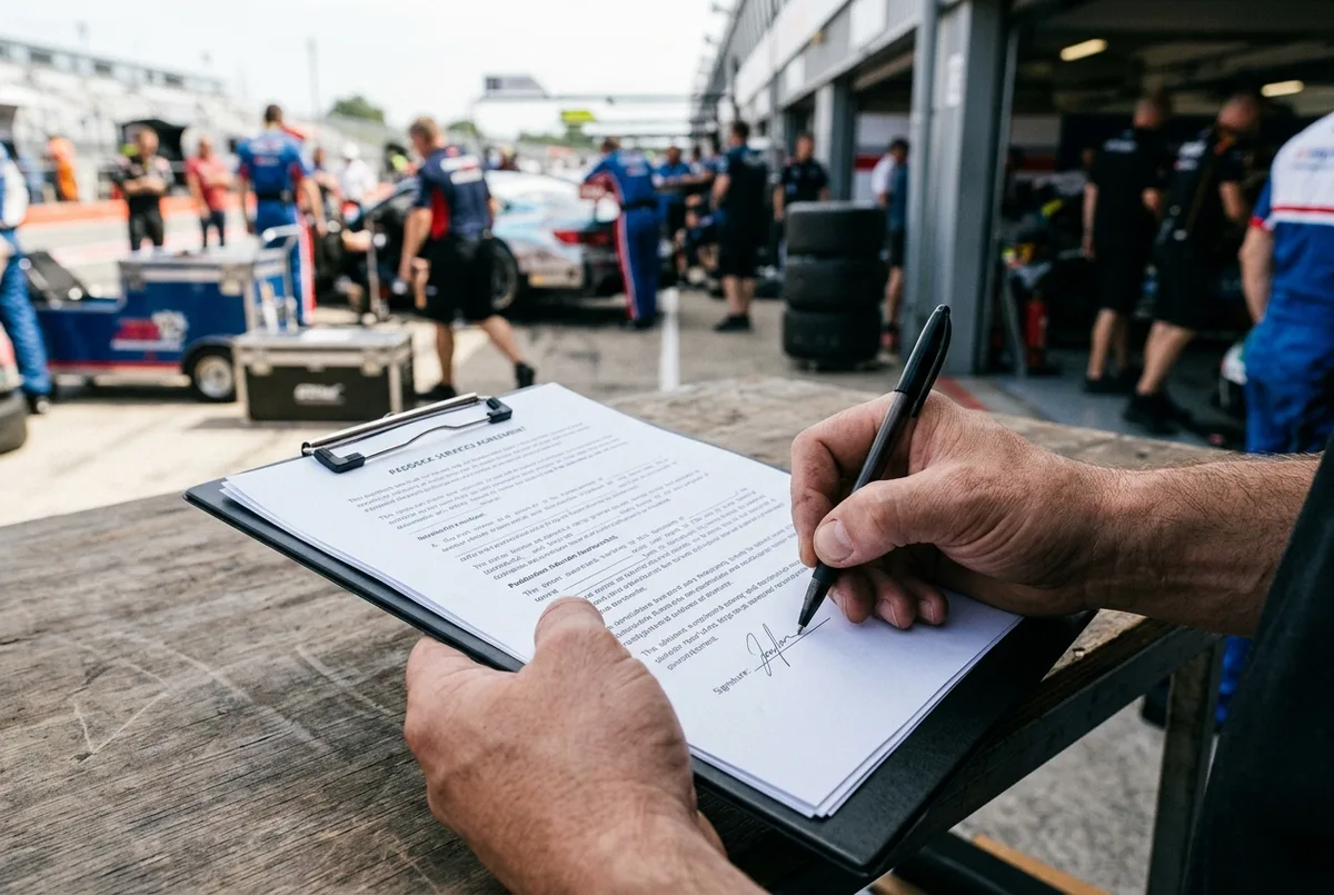 BMW E36 preparado para drift visto de lado numa pista fechada — a ferramenta de trabalho da escola, nao um carro de colecao fragil