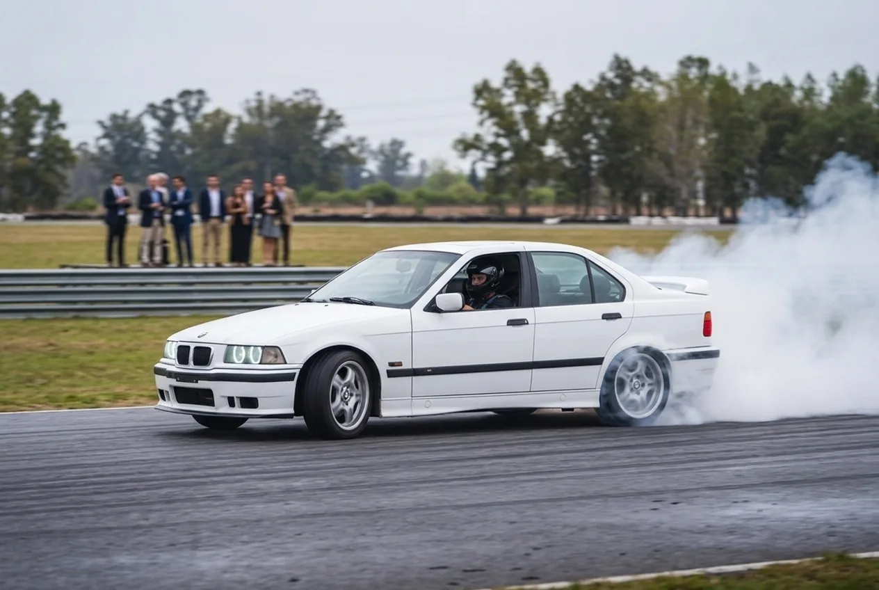 BMW E36 derrapando con una pared de humo blanco en un autodromo cerrado de Buenos Aires mientras los invitados de un evento miran desde la zona segura