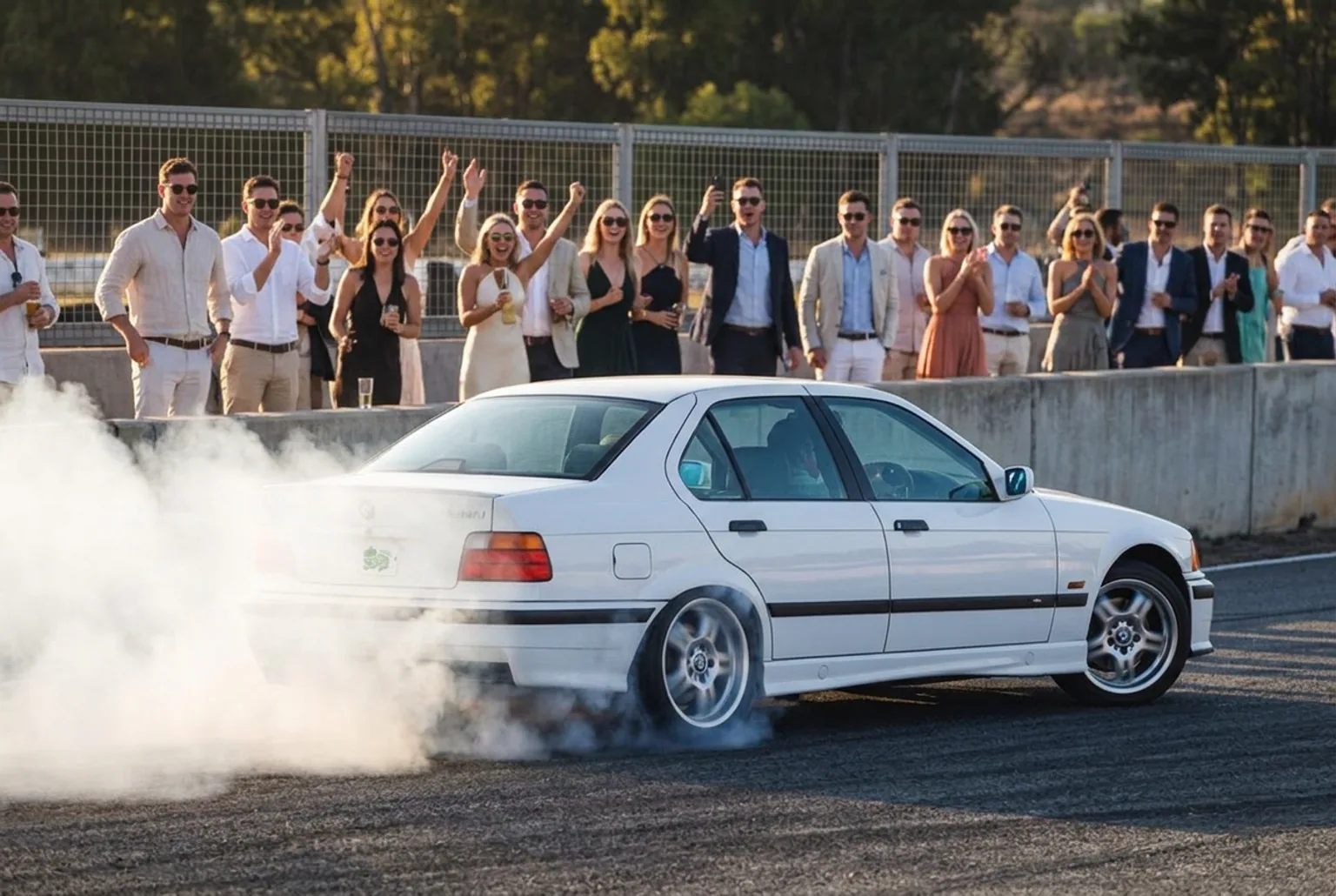 Show de drift en vivo en un evento en Buenos Aires, auto derrapando con humo de neumaticos frente al publico