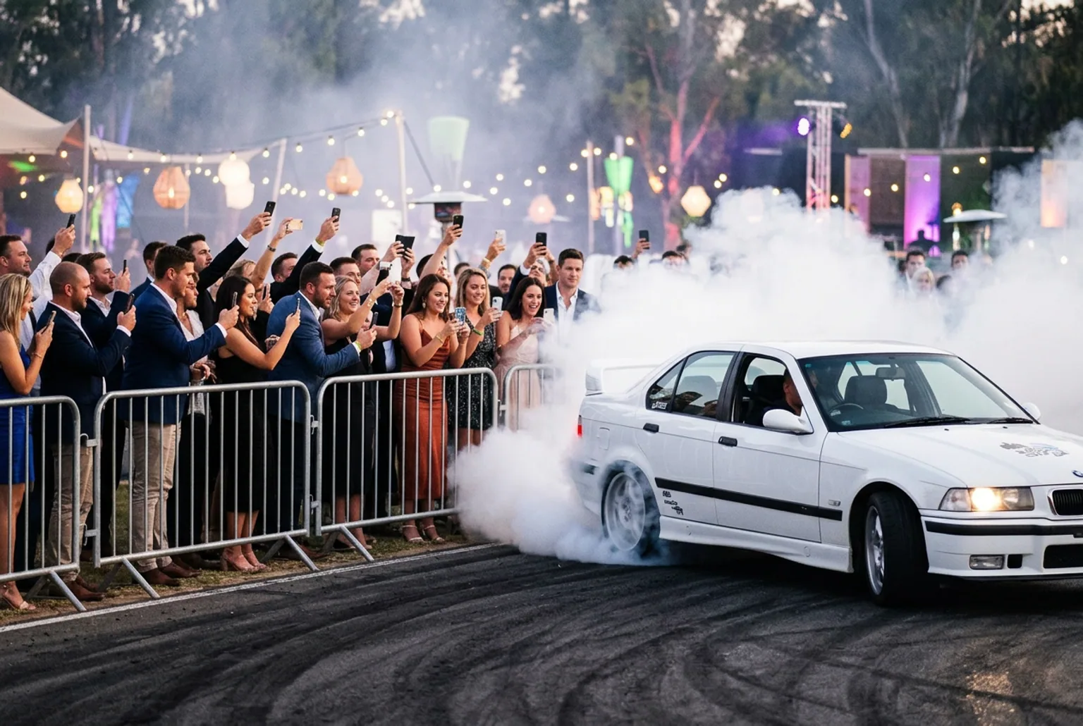Invitados de un evento mirando un show de drift en Buenos Aires, auto cruzado con humo