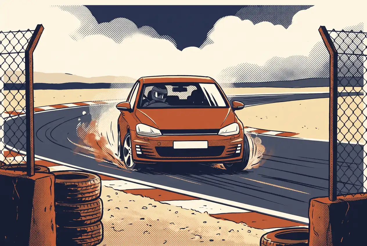 Hatchback naranja que se va de trompa en una curva de circuito, con las ruedas giradas levantando polvo
