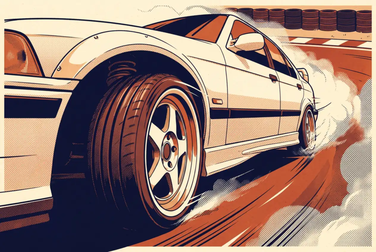 BMW E36 blanco a ras del piso, con la rueda delantera en primer plano y la cola deslizando entre humo