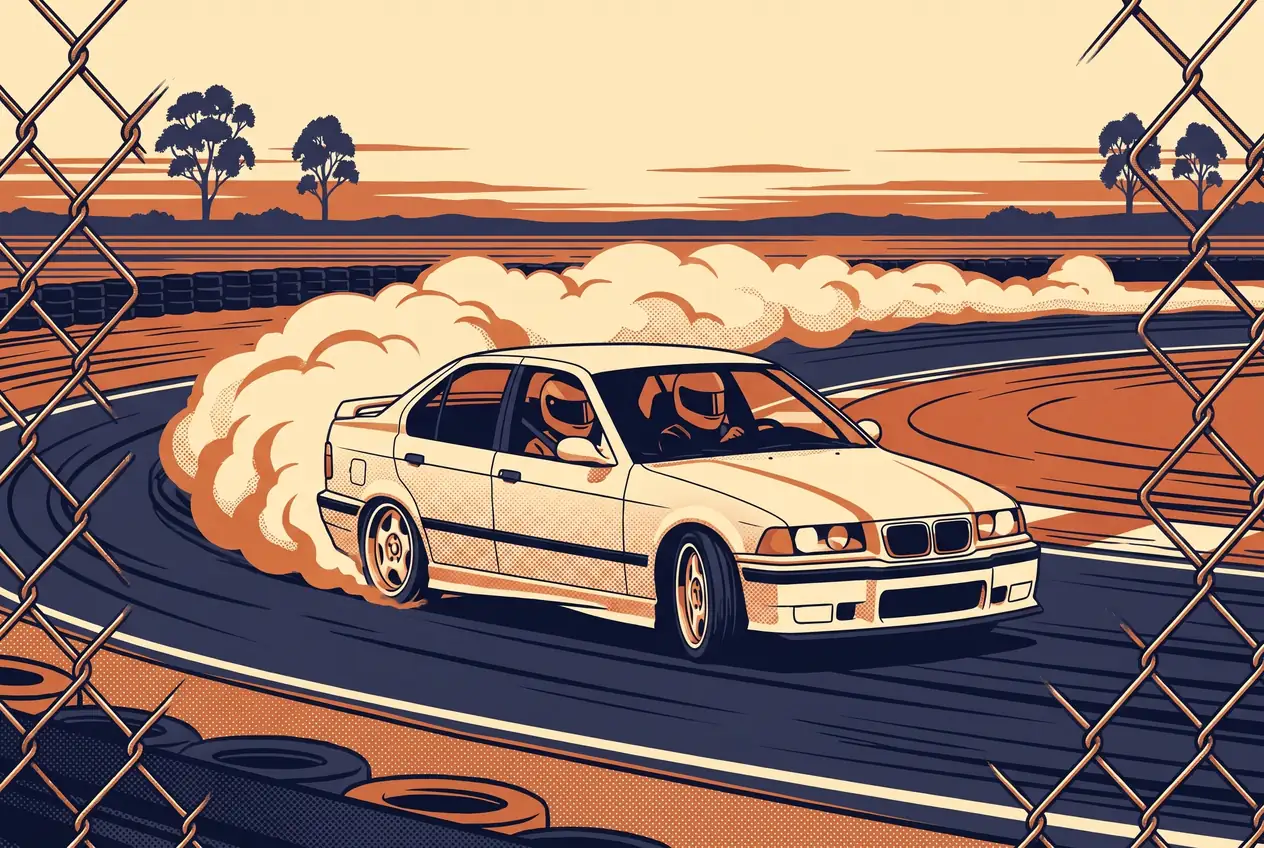 BMW E36 blanco de tres cuartos de frente, sostenido en un drift largo en circuito cerrado, tras el alambrado