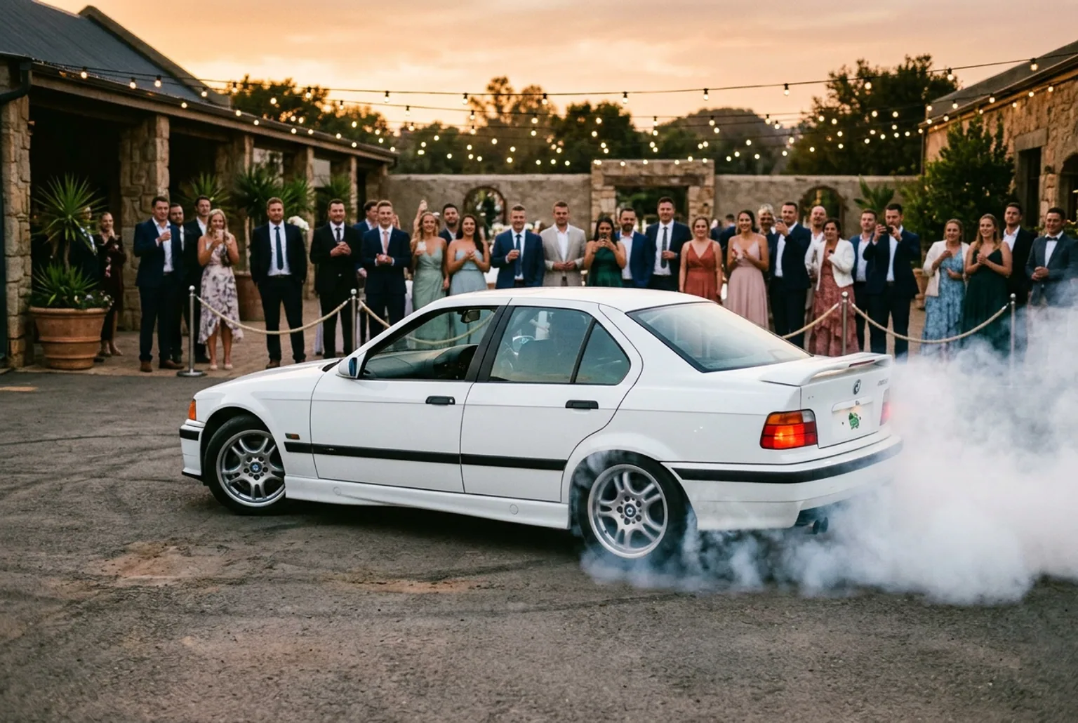 BMW E36 en drift con humo blanco frente a invitados de un casamiento al atardecer