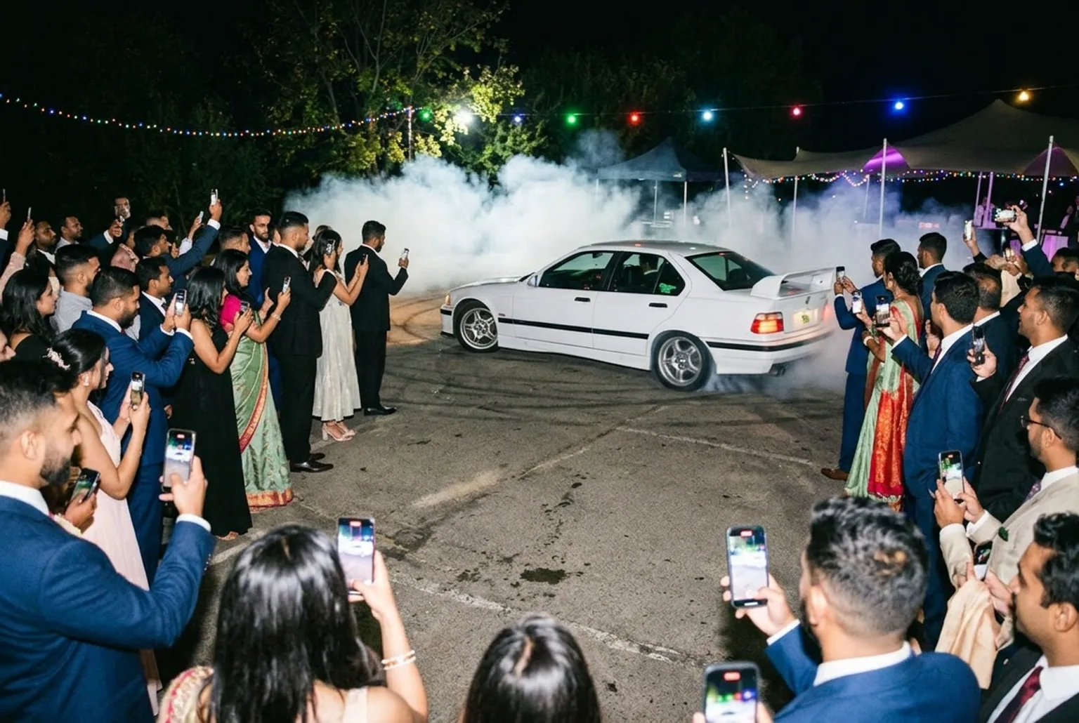 Invitados de un casamiento filmando con el celular un auto de drift haciendo humo de noche