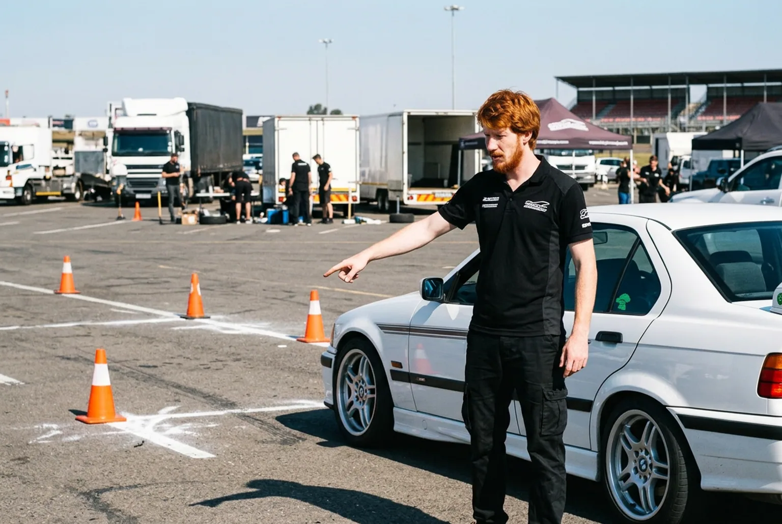 Piloto e instructor de drift coordinando junto al BMW E36 antes de un show en un salon de eventos