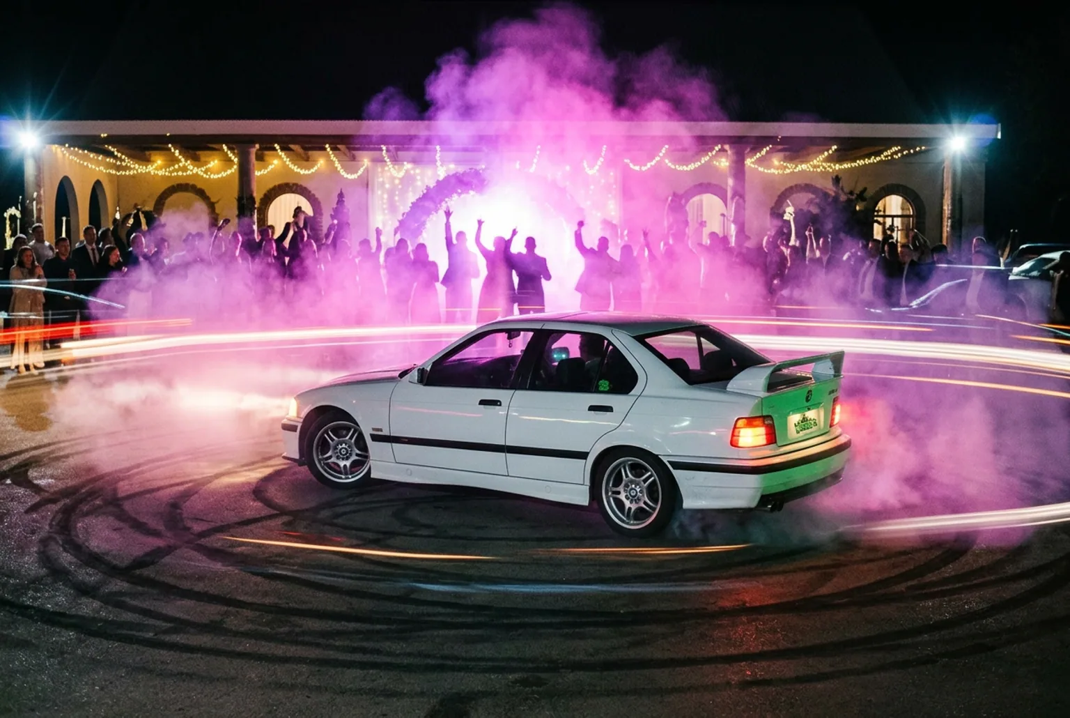 BMW E36 de drift haciendo un trompo con humo de color durante la fiesta de un casamiento de noche