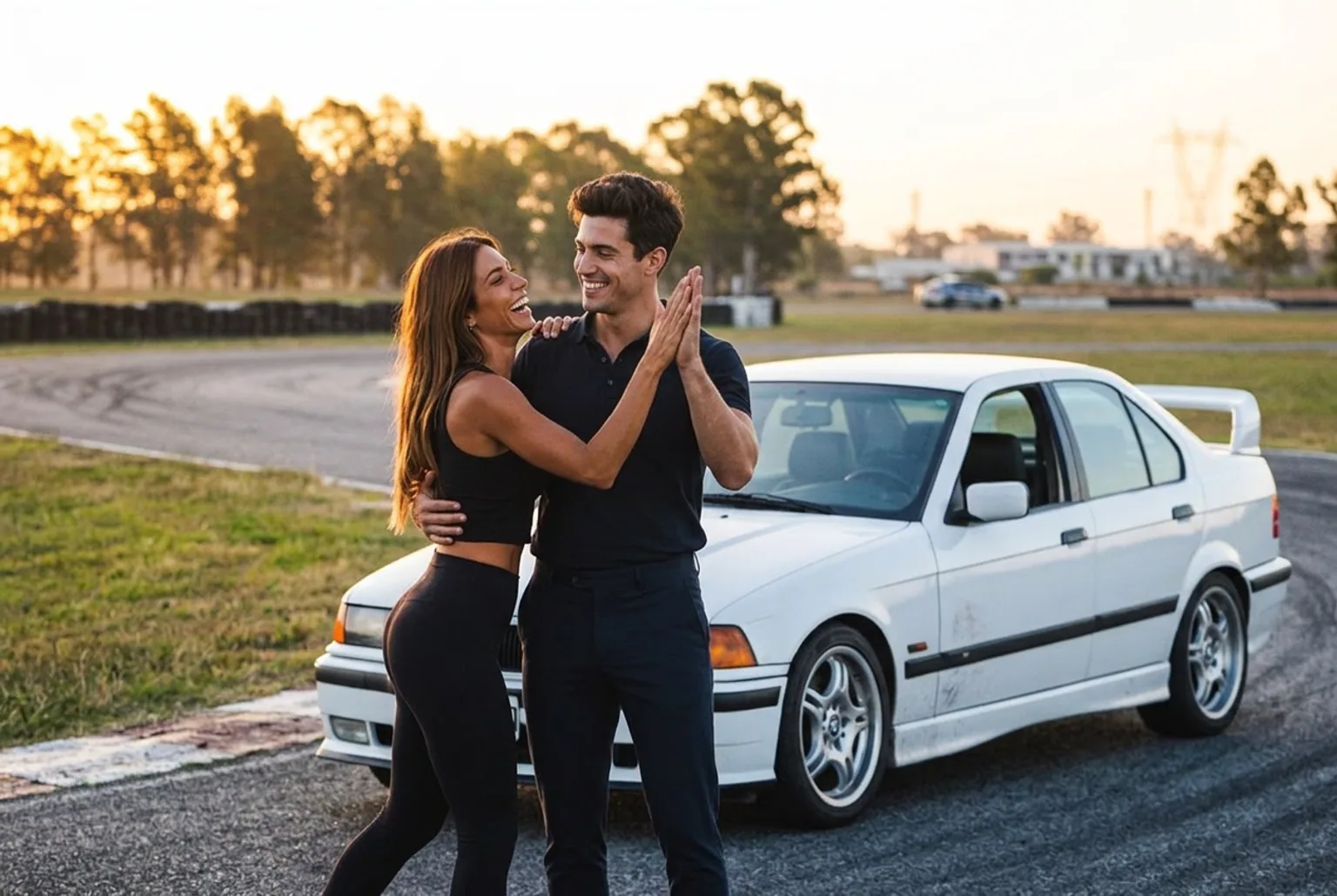 Pareja celebrando despues de la clase de drift sorpresa junto al BMW E36 en la pista