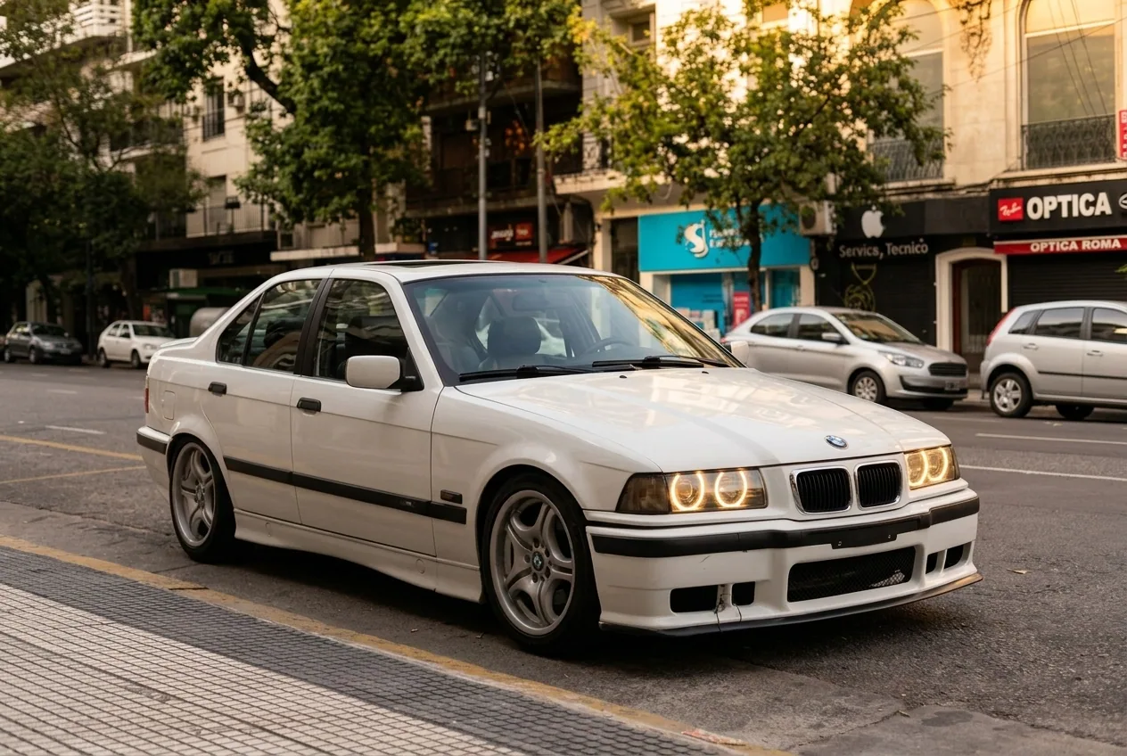 BMW E36 blanco en pose estatica, el auto de traccion trasera ideal para aprender contravolante