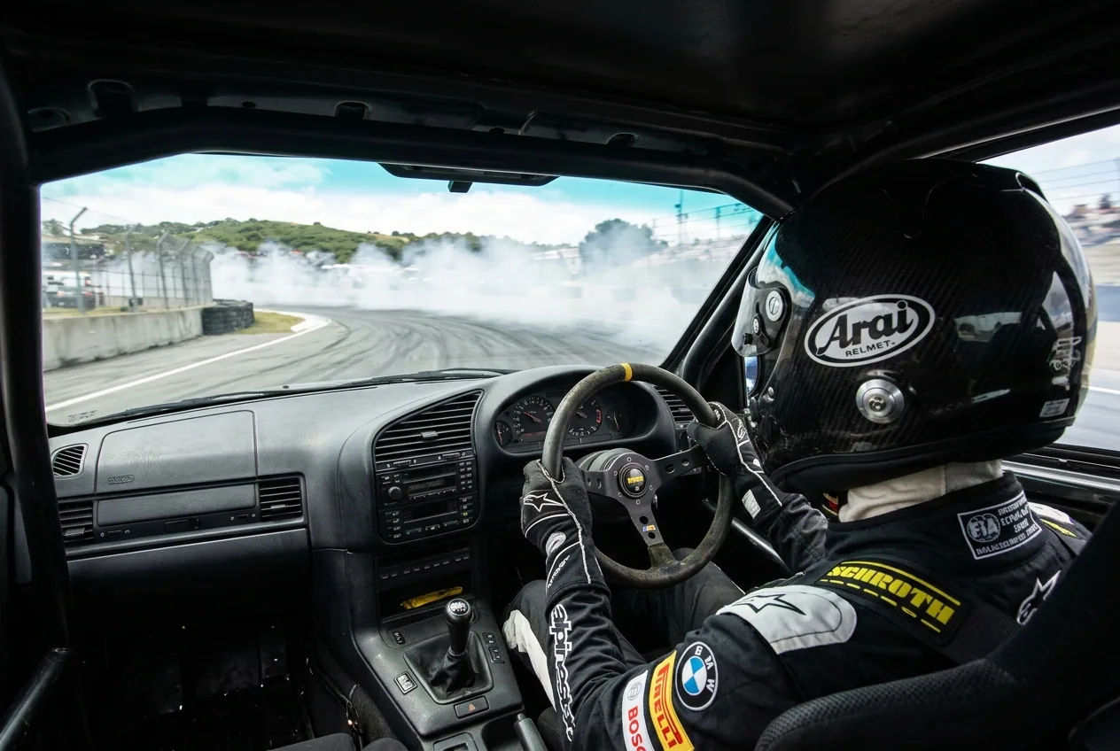 Vista desde atras del piloto en pleno derrape, manos al volante y la curva entrando por el parabrisas