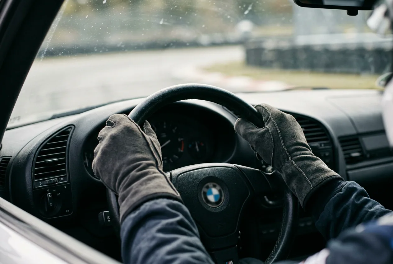 Manos enguantadas en posicion nueve y tres sobre el volante del BMW E36, listas para contravolantear