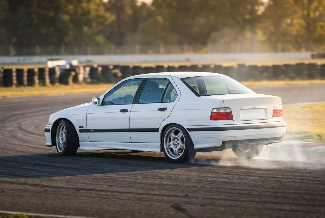 BMW E36 blanco saliendo del derrape, enderezando las ruedas mientras el humo se disipa