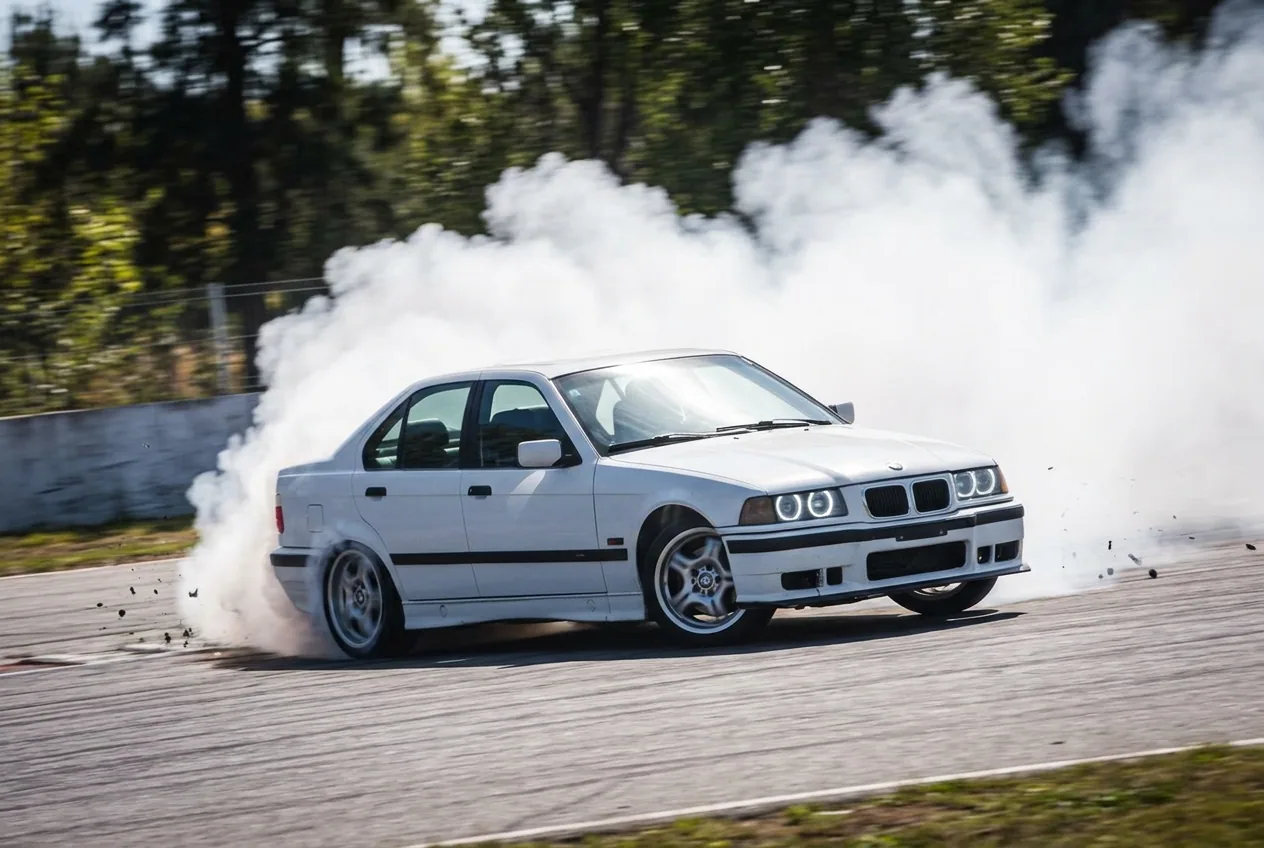 BMW E36 blanco haciendo un trompo entre el humo: lo que pasa cuando el contravolante llega tarde