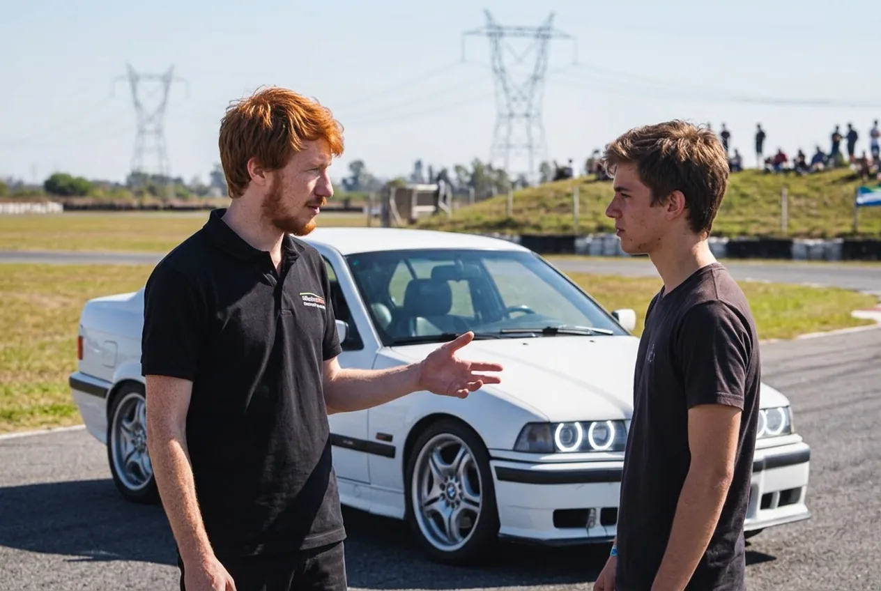 Instructor pelirrojo explicando el contravolante a un alumno junto al BMW E36 blanco en el autodromo