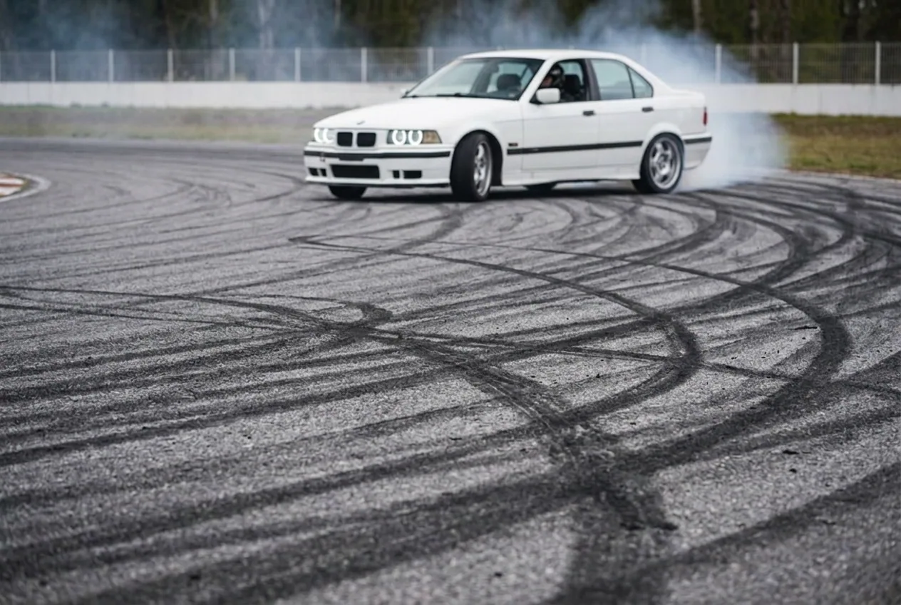 Marcas de neumatico por todo el asfalto y un BMW E36 blanco trazando: dominar el contravolante lleva muchas vueltas
