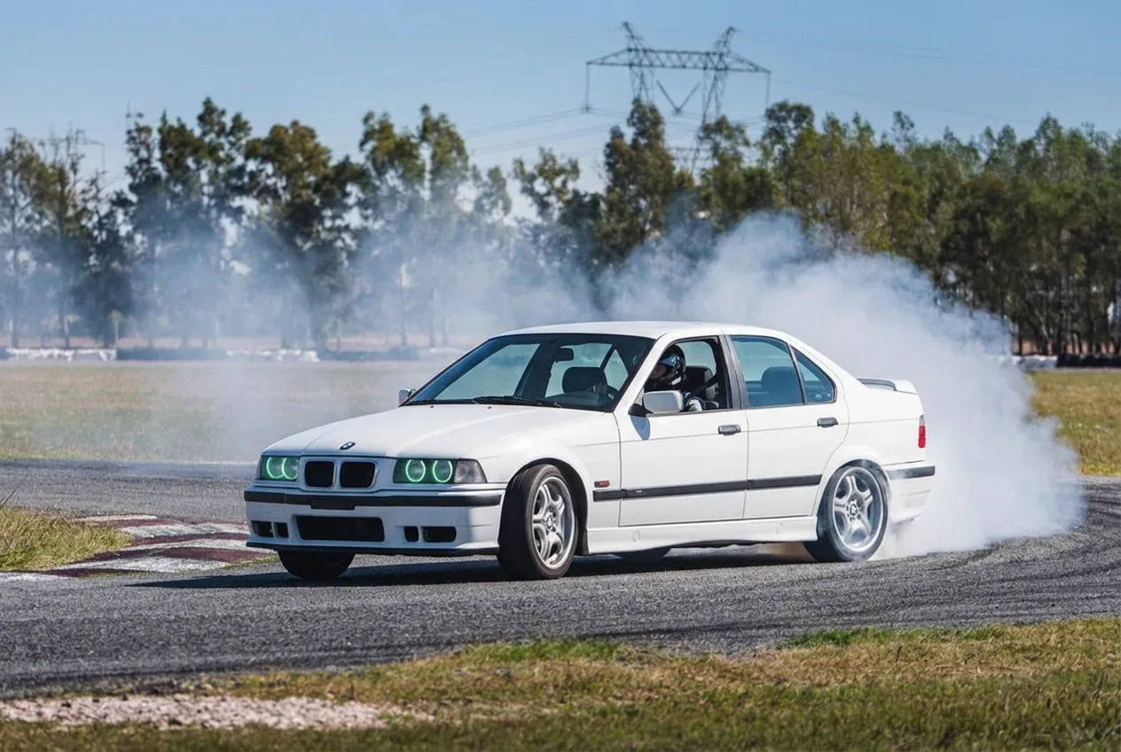 BMW E36 blanco derrapando solo en pista de asfalto, el formato base del drift