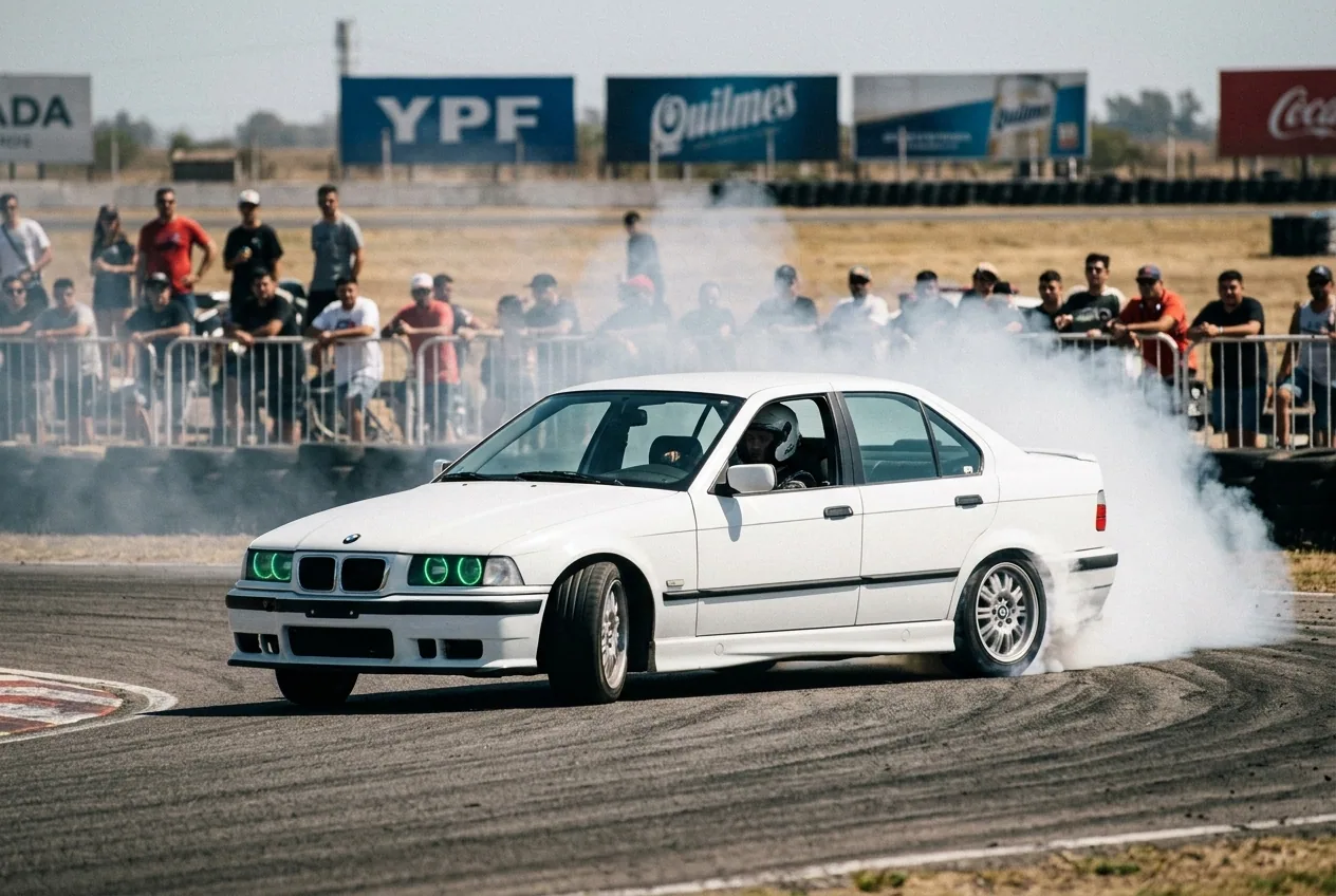 Track day de drift en Buenos Aires: el BMW E36 blanco derrapando ante el publico