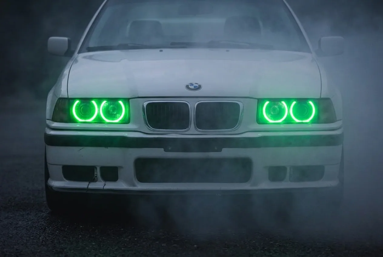 Faros angel-eye verdes del BMW E36 blanco brillando entre el humo al anochecer, reserva tu primera clase de drift por WhatsApp