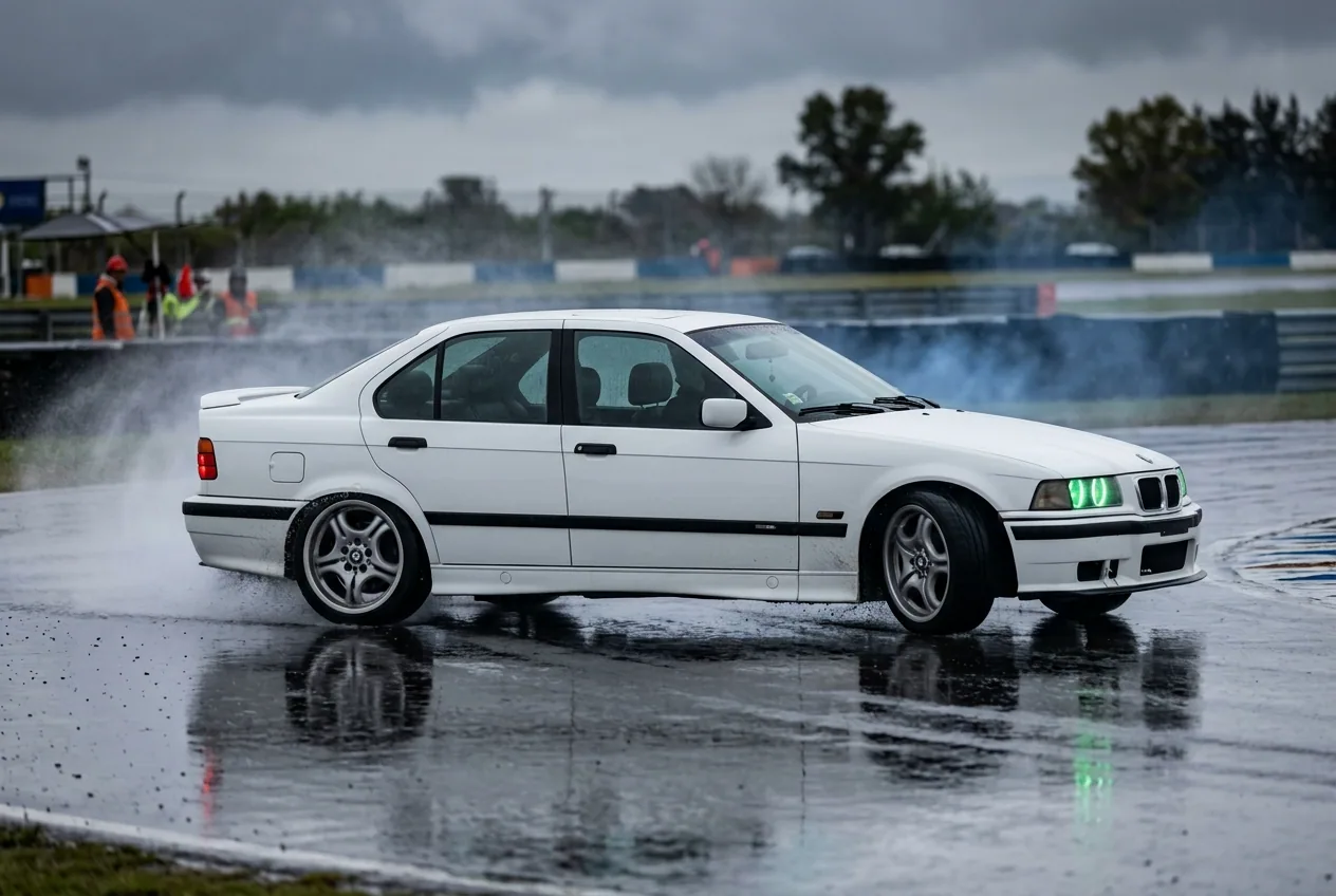 BMW E36 blanco derrapando en pista mojada, con reflejos en el asfalto y menos grip