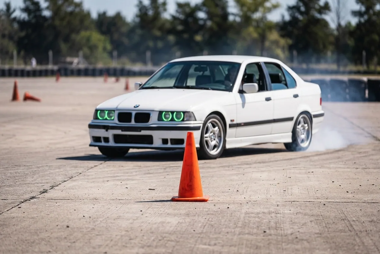 BMW E36 blanco en un circuito de autocross con conos en una explanada amplia