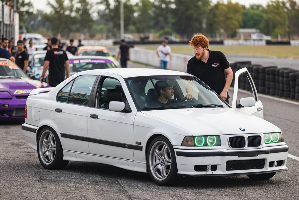 Instructor pelirrojo guiando a un alumno junto al BMW E36 blanco en el autodromo
