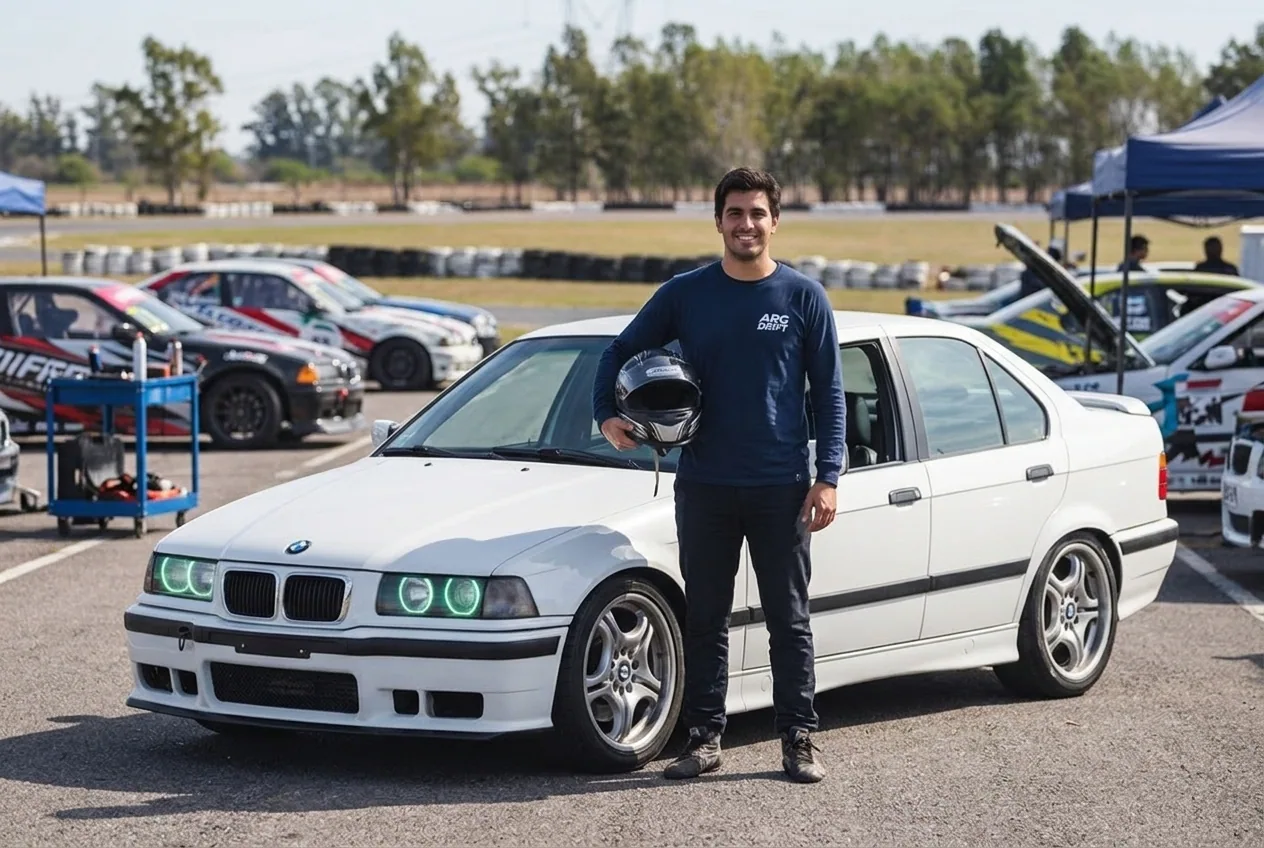 Alumno con casco listo junto al BMW E36 blanco, eligiendo su tipo de clase de drift