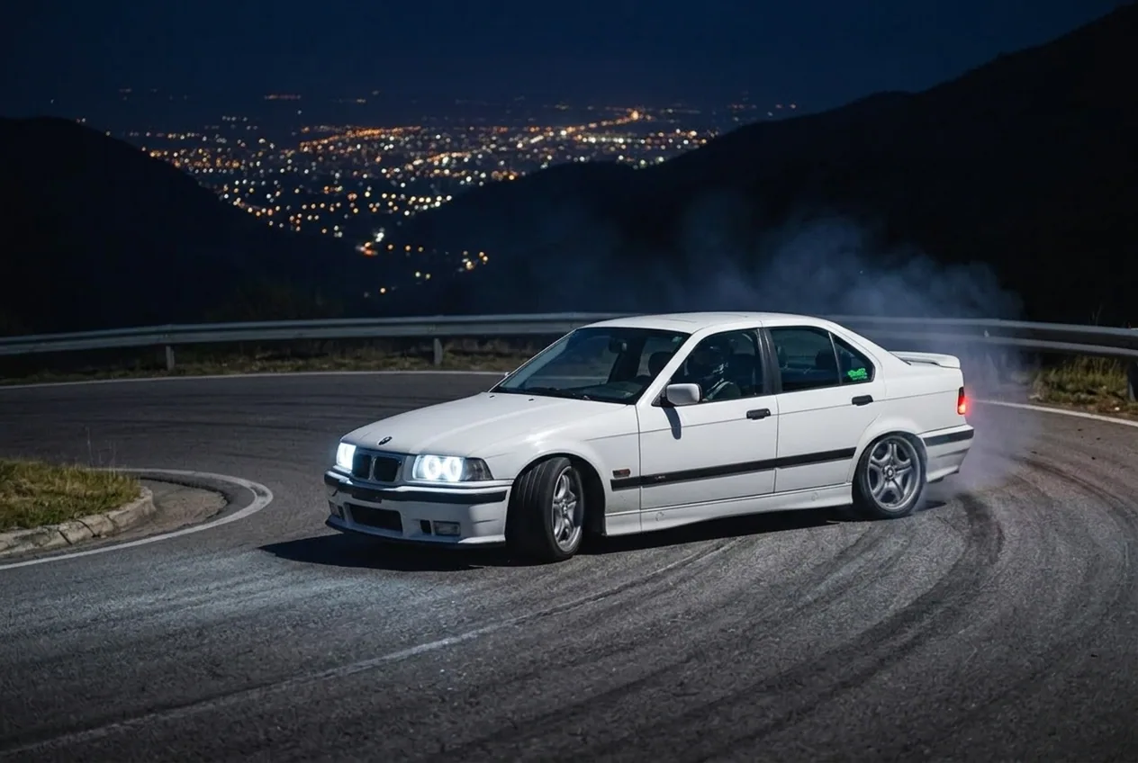 BMW E36 blanco derrapando de noche con luces y humo, la versión exagerada y cinematográfica del drift de las películas