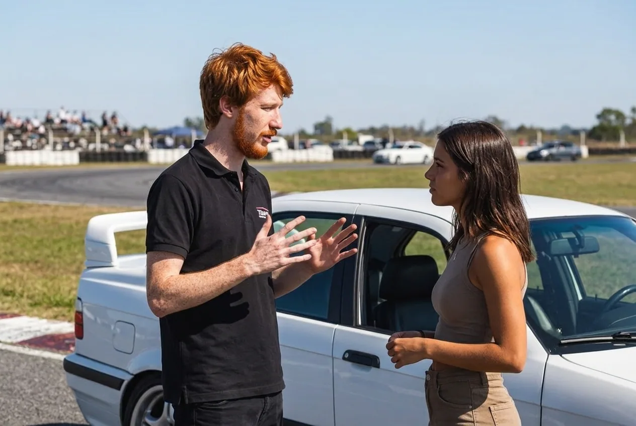 Instructor de drift pelirrojo explicándole a una alumna junto al BMW E36, en la vida real nunca estás solo
