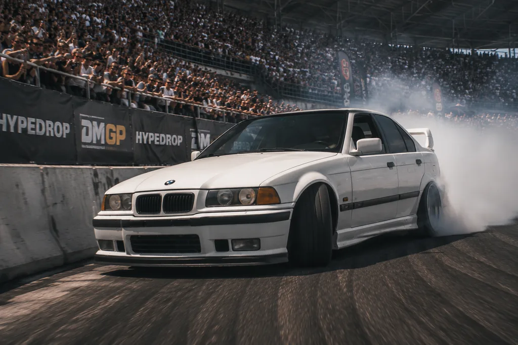 BMW E36 listo en paddock para clase de drift, voucher disponible al instante via WhatsApp