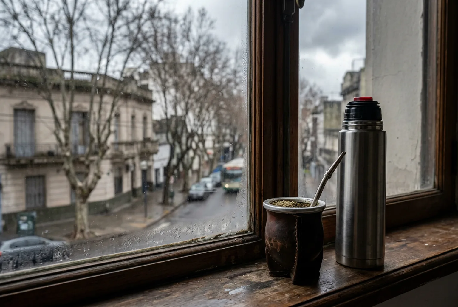 Mate y termo sobre el marco de una ventana con vista a una calle gris de Buenos Aires en invierno, con platanos sin hojas