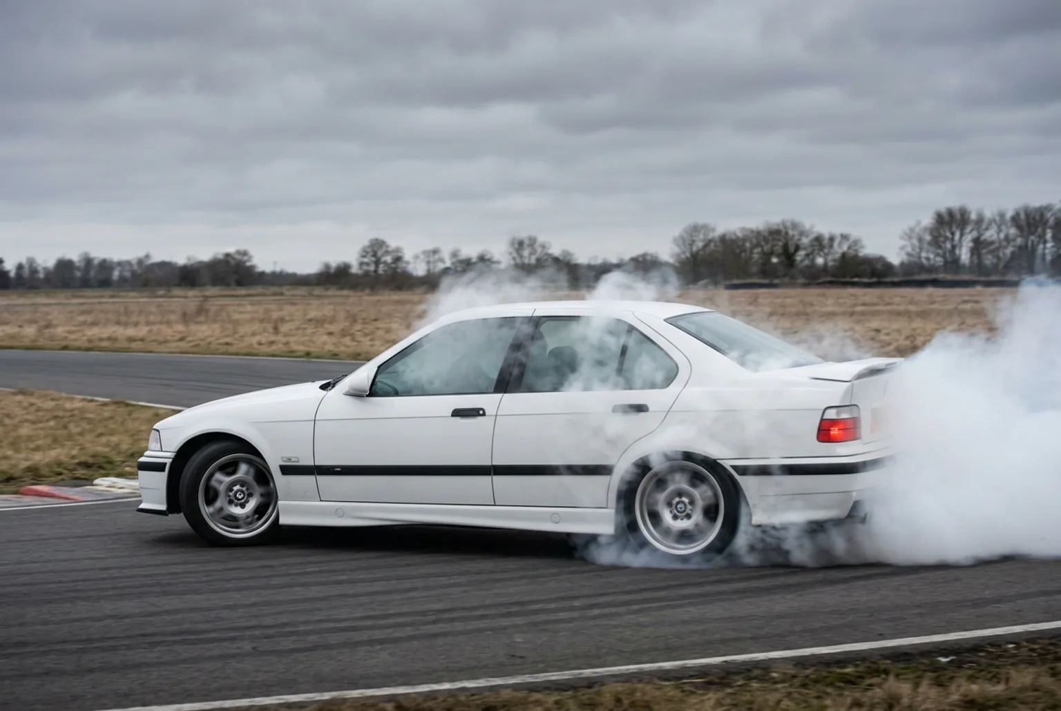 BMW E36 blanco cruzado en pleno derrape bajo un cielo gris de invierno, con humo denso saliendo de las gomas traseras