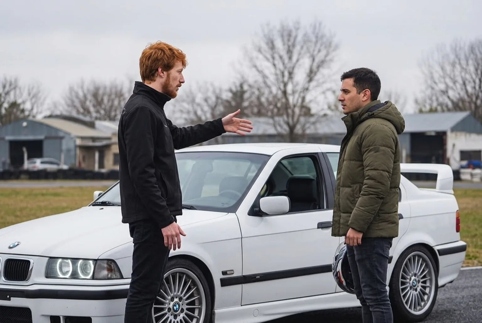 Instructor pelirrojo de campera negra explicando con la mano junto al BMW E36 blanco, mientras un alumno de campera de invierno verde escucha con el casco en la mano