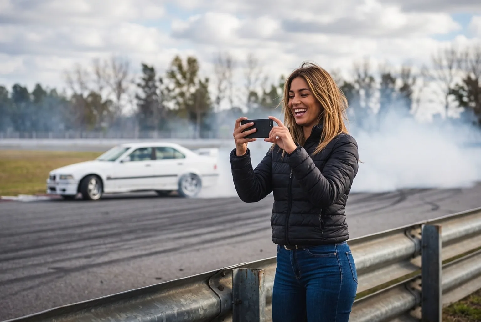Chica sonriente filmando con el celular desde la zona segura del autodromo mientras el BMW E36 blanco derrapa al fondo con humo