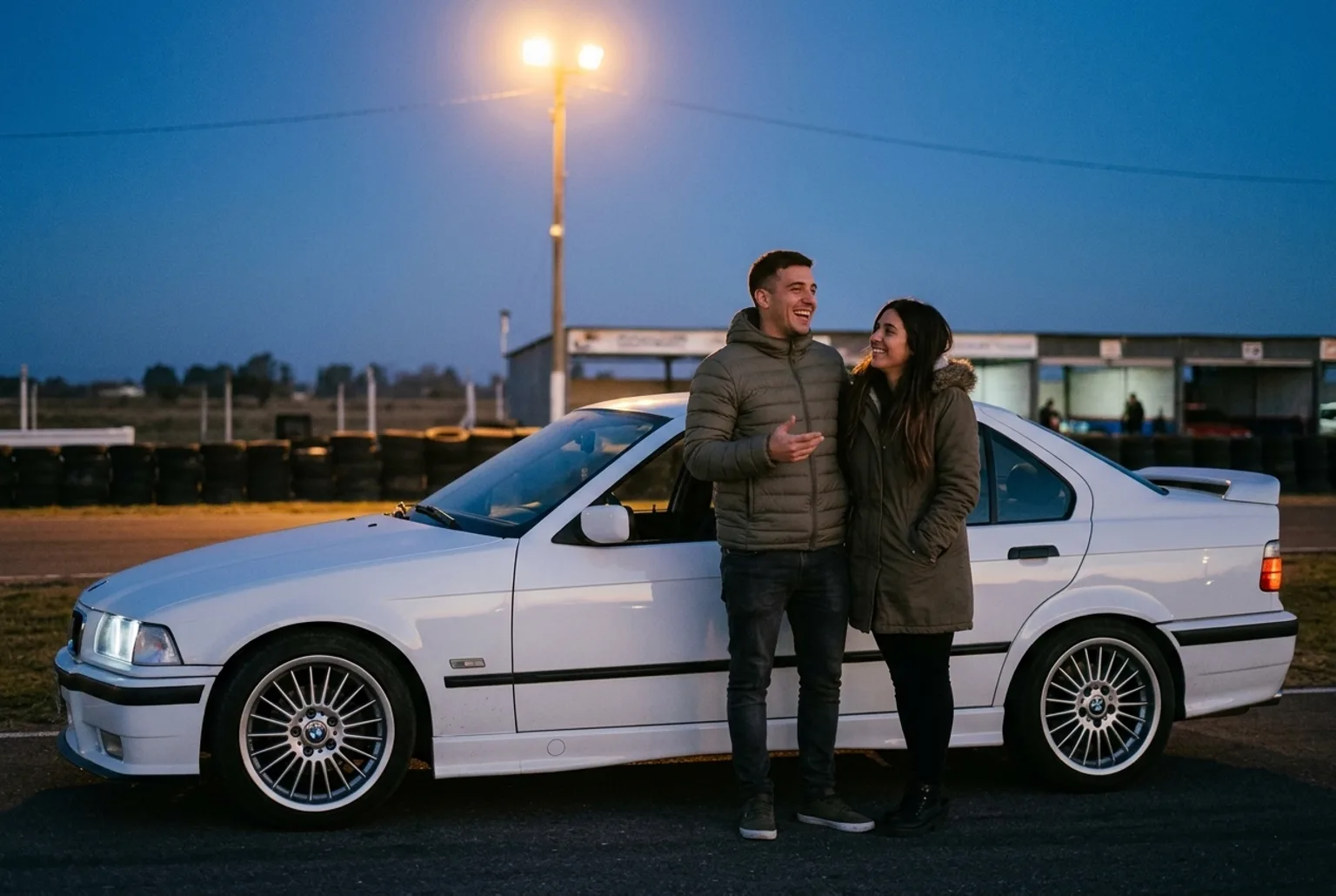 Pareja abrigada riendose junto al BMW E36 blanco estacionado en el paddock del autodromo a la hora azul, bajo la luz calida de un reflector